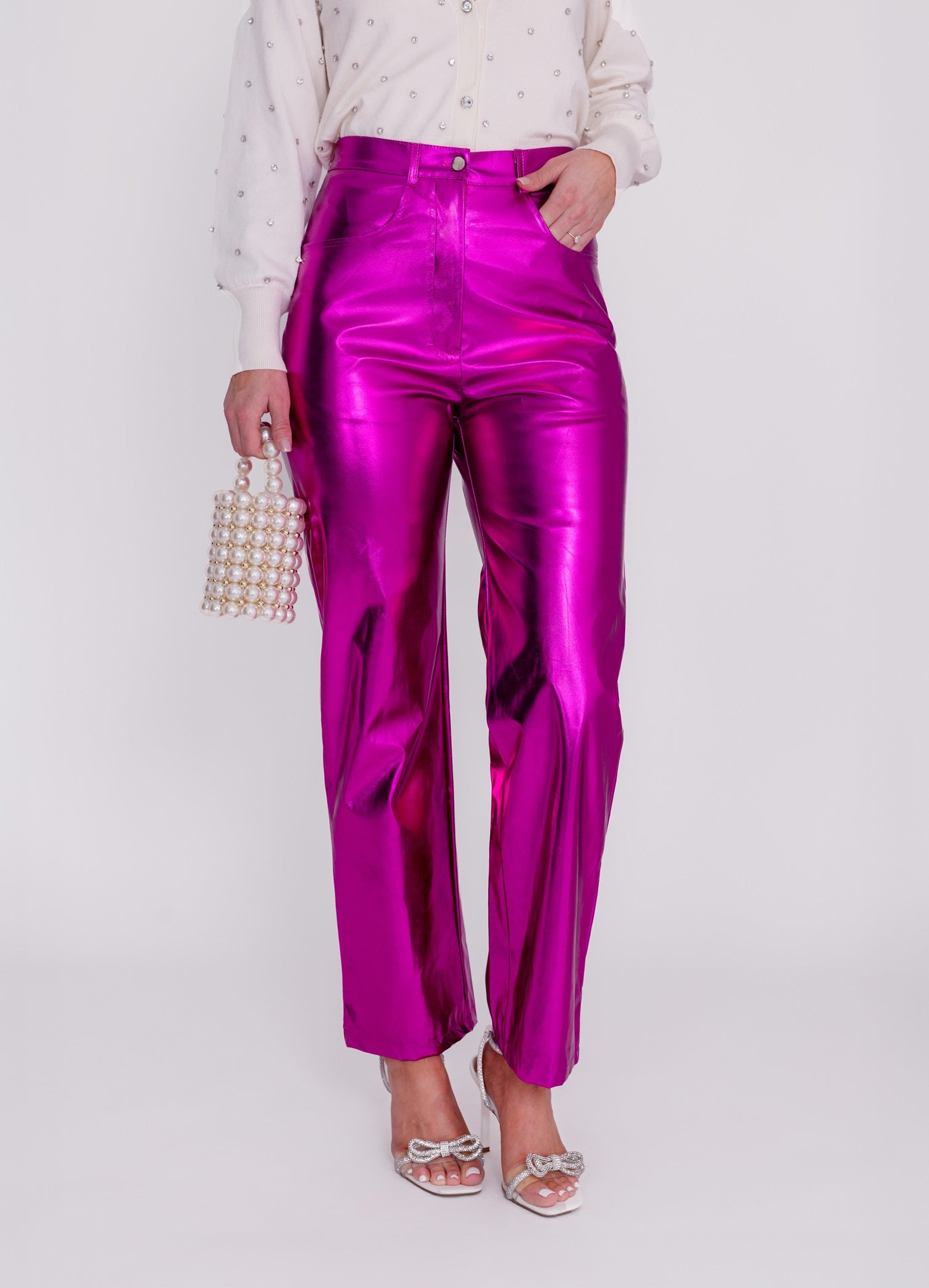 Zara High Waisted Metallic Pants in Pink and Silver – Amazing Mae