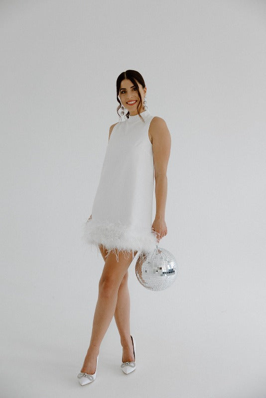 White Feather Trim Mini Dress
