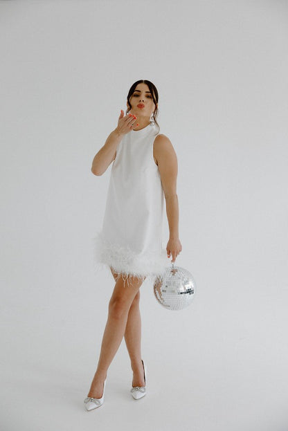 White Feather Trim Mini Dress