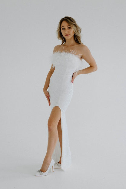 White Formal Feather Sequin Dress